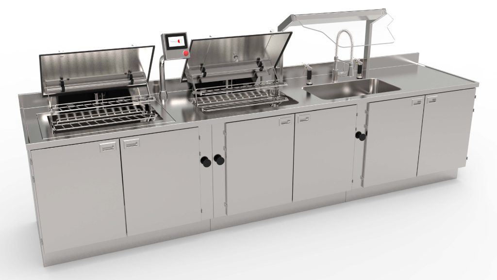 Een voorreinigingsmeubel op maat gemaakt dat voldoet aan specifieke wensen en eisen met volautomatische ultrasoon reiniger plus nettenrek