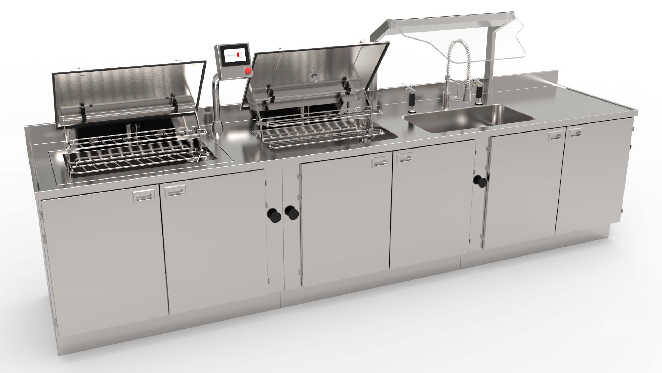 Een voorreinigingsmeubel op maat gemaakt dat voldoet aan specifieke wensen en eisen met volautomatische ultrasoon reiniger plus nettenrek